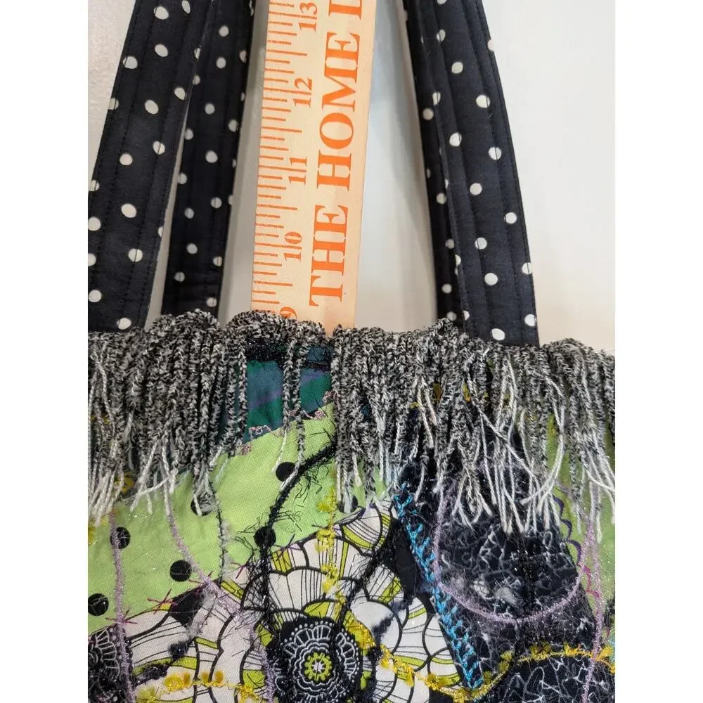 Quilted Patchwork Tote Purse Bag Boho Mixed Media Fringe Pikake Design Embelish